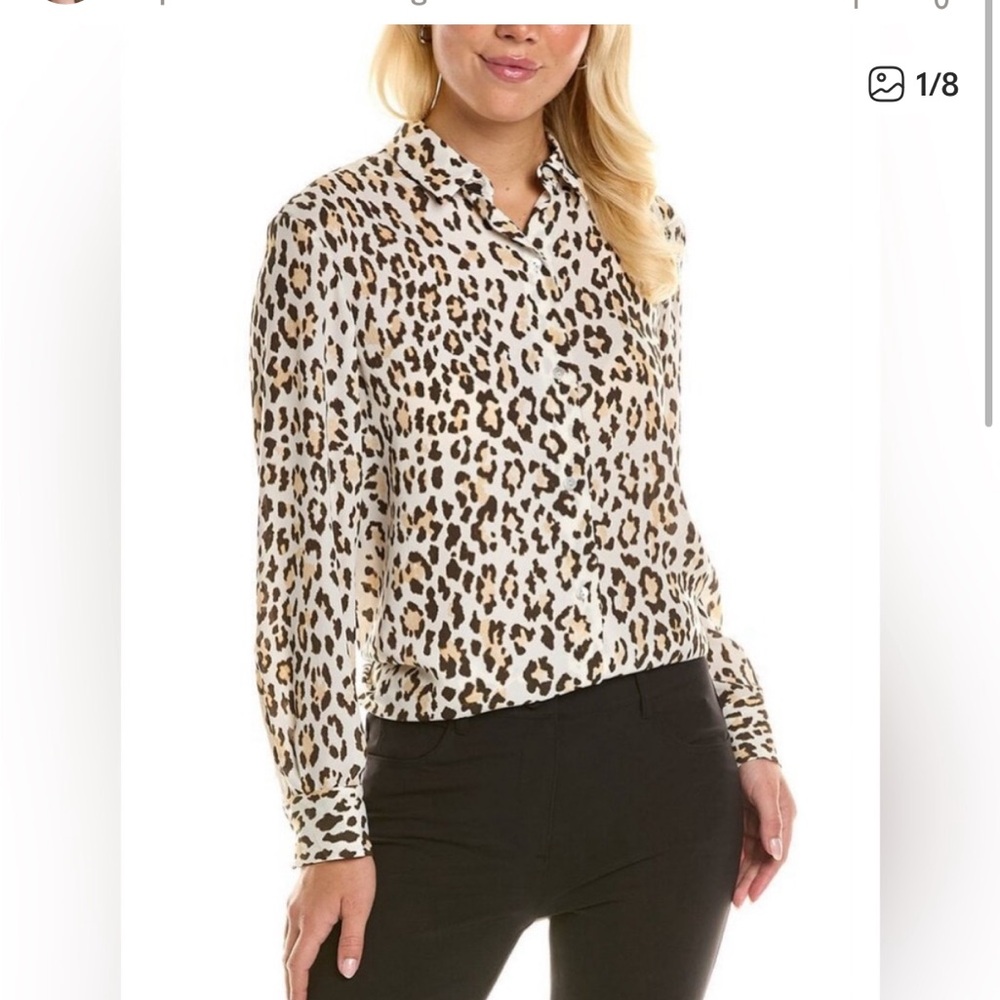 Theory Leopard Animal Print Long Sleeve Button Down Blouse career Neutral Large
